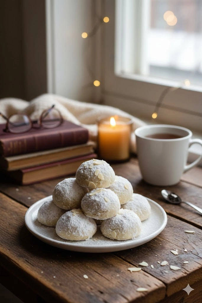 A close-up shot of perfectly dusted Buttery Snowball Cookies stacked on a serving plate.