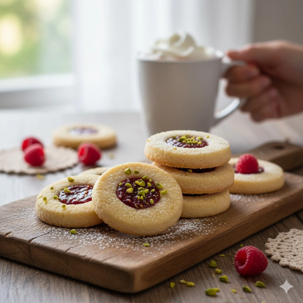 A platter of perfect homemade joyful Thumbprint cookies filled with bright raspberry jam.