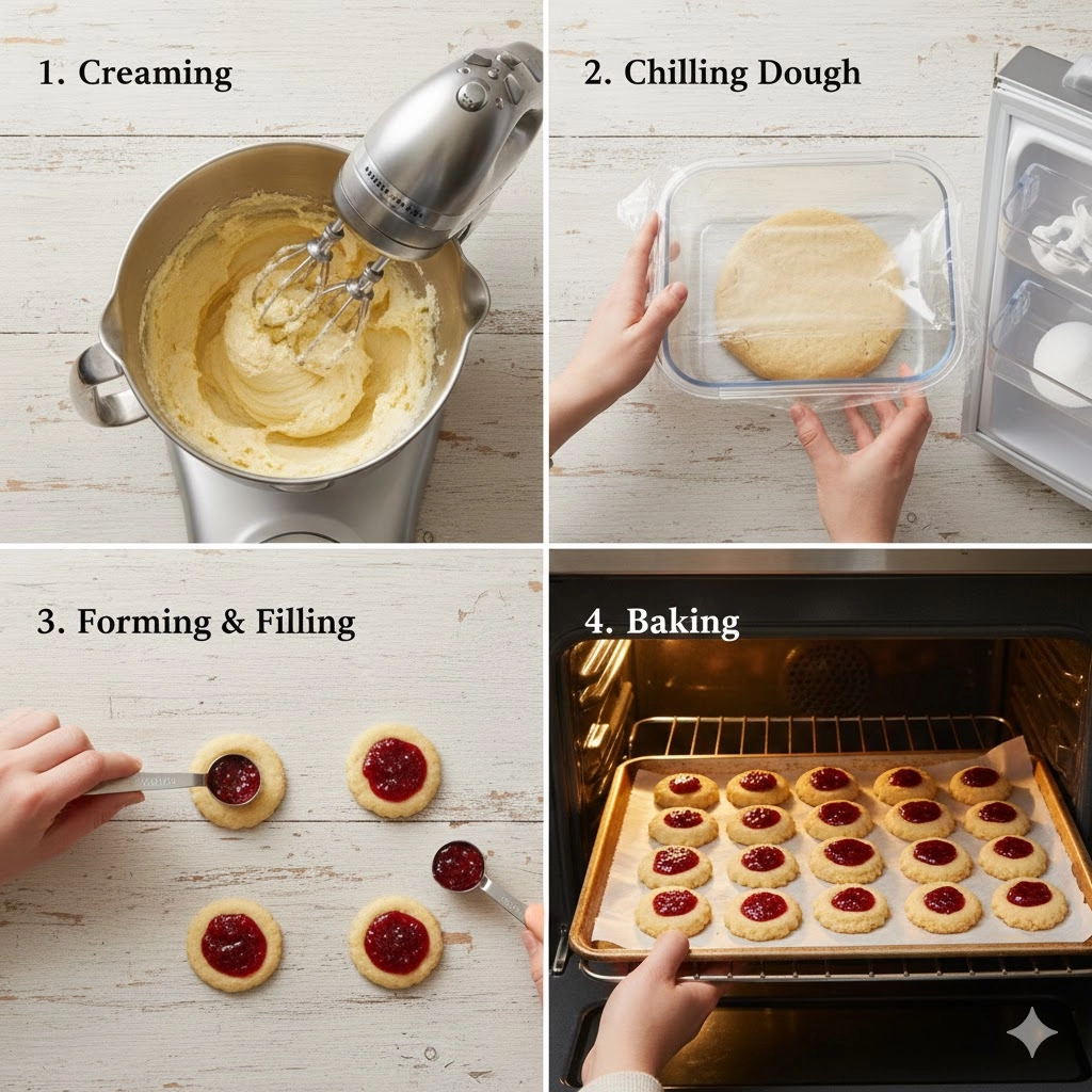 Essential ingredients for joyful Thumbprint cookies laid out, including butter, flour, sugar, and jam.
