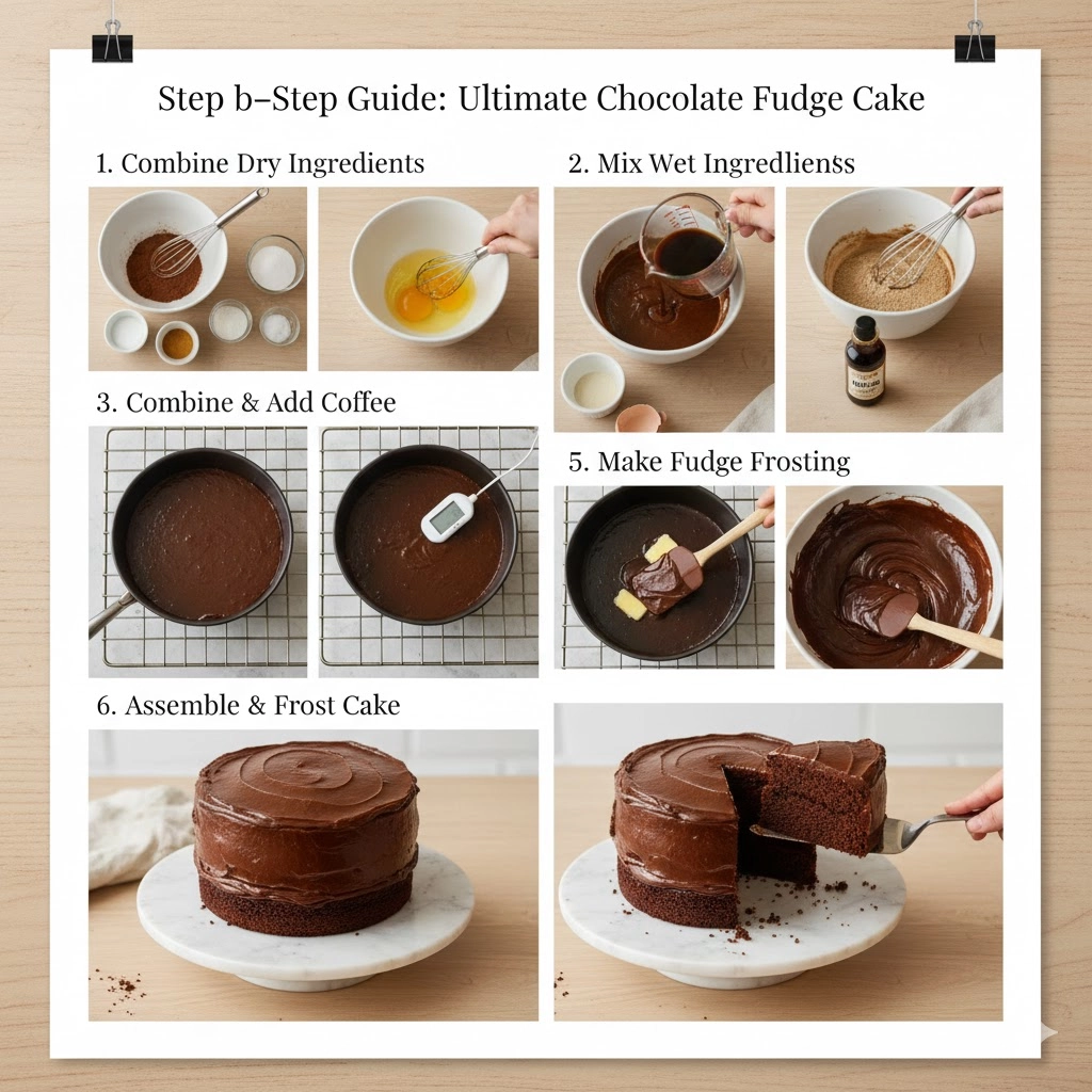 A cake layer being frosted with the dark, glossy fudge frosting for the Matilda Chocolate Cake Recipe.