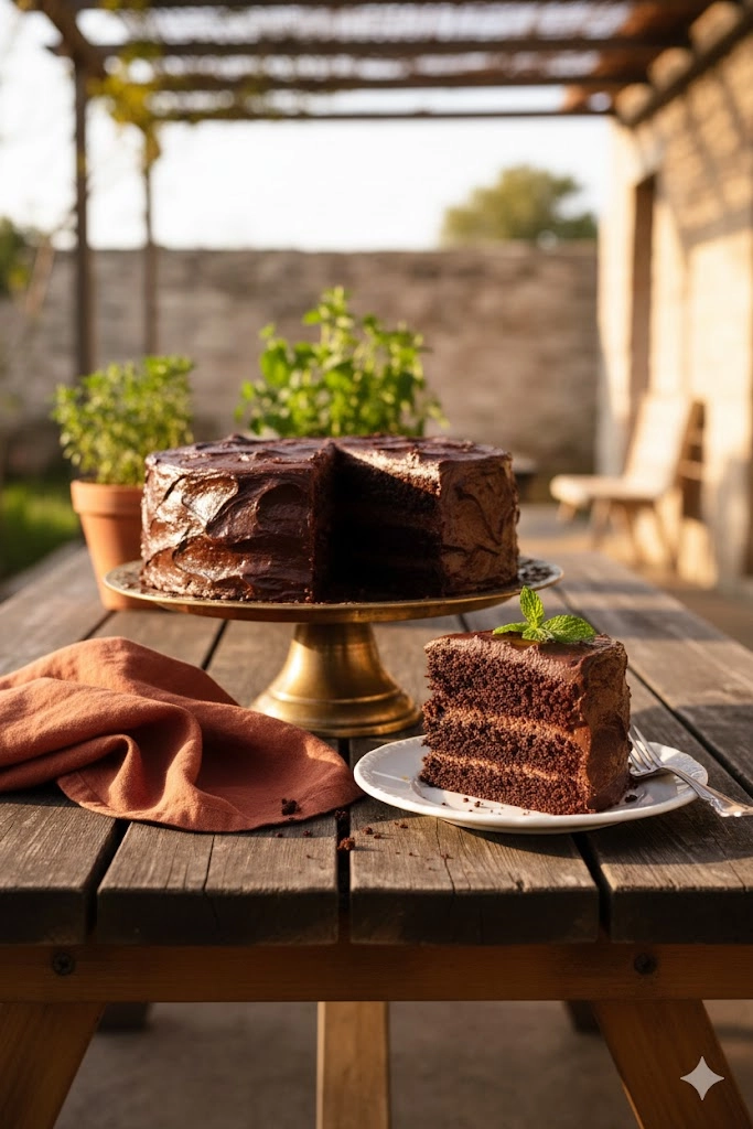 Slice of rich, fudgy Matilda Chocolate Cake Recipe with glossy frosting on a plate.