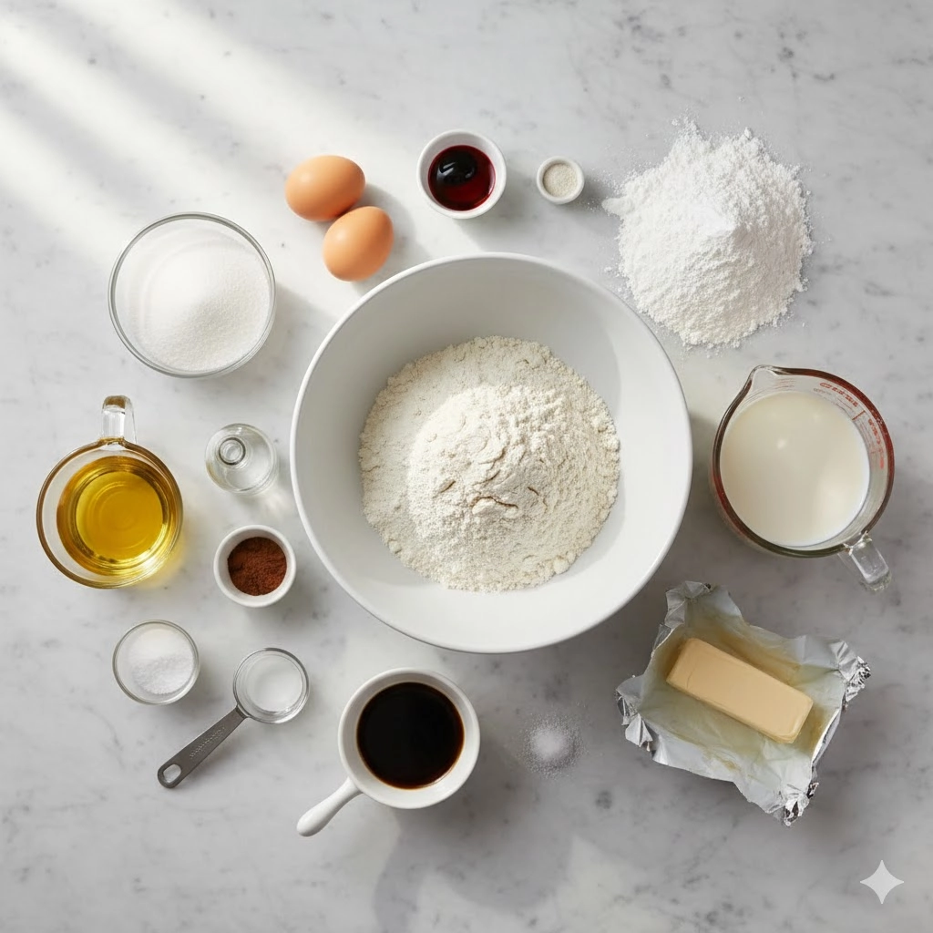 Grouping of dry and wet ingredients for making a Soft Red Velvet Cake, including buttermilk and cocoa powder.