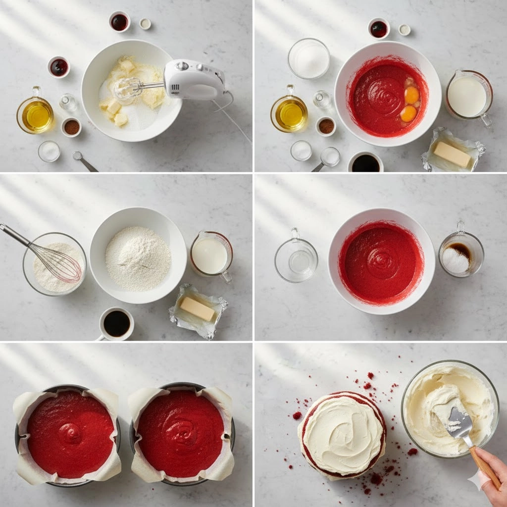 A baker applying a crumb coat to a stack of Soft Red Velvet Cake layers using cream cheese frosting.