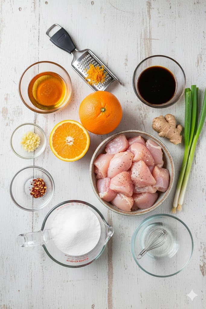 Key ingredients for Slow Cooker Orange Chicken laid out: fresh oranges, chicken pieces, soy sauce, ginger, and cornstarch.