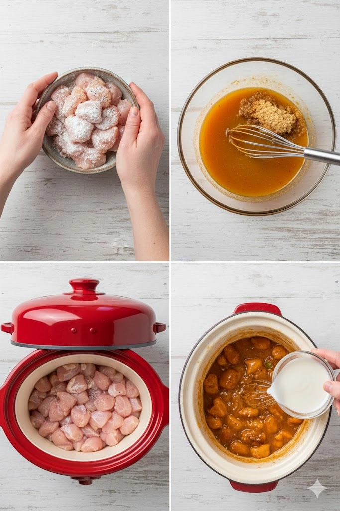 A close-up of the sauce in the slow cooker being thickened with a cornstarch slurry for the Slow Cooker Orange Chicken.