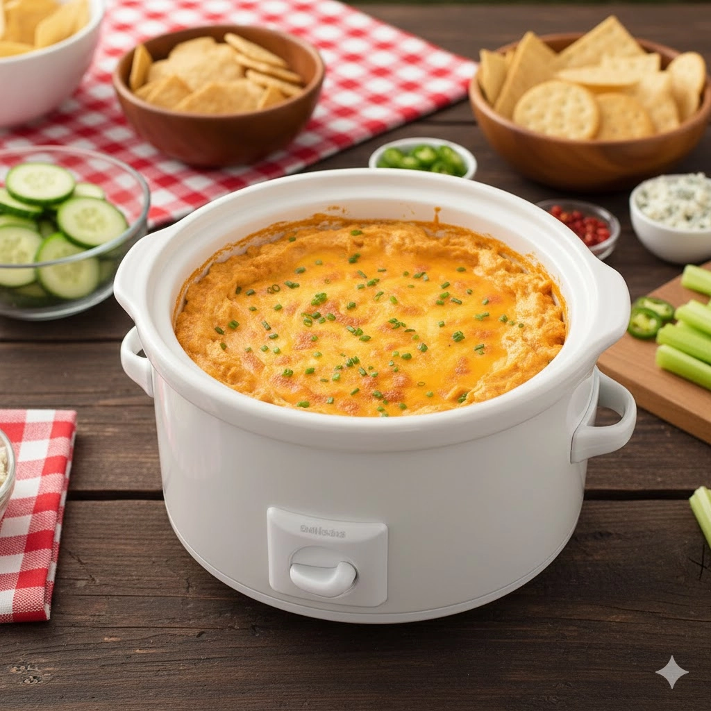 Creamy, bubbling Crockpot Buffalo Chicken Dip served in a slow cooker with chips and celery.