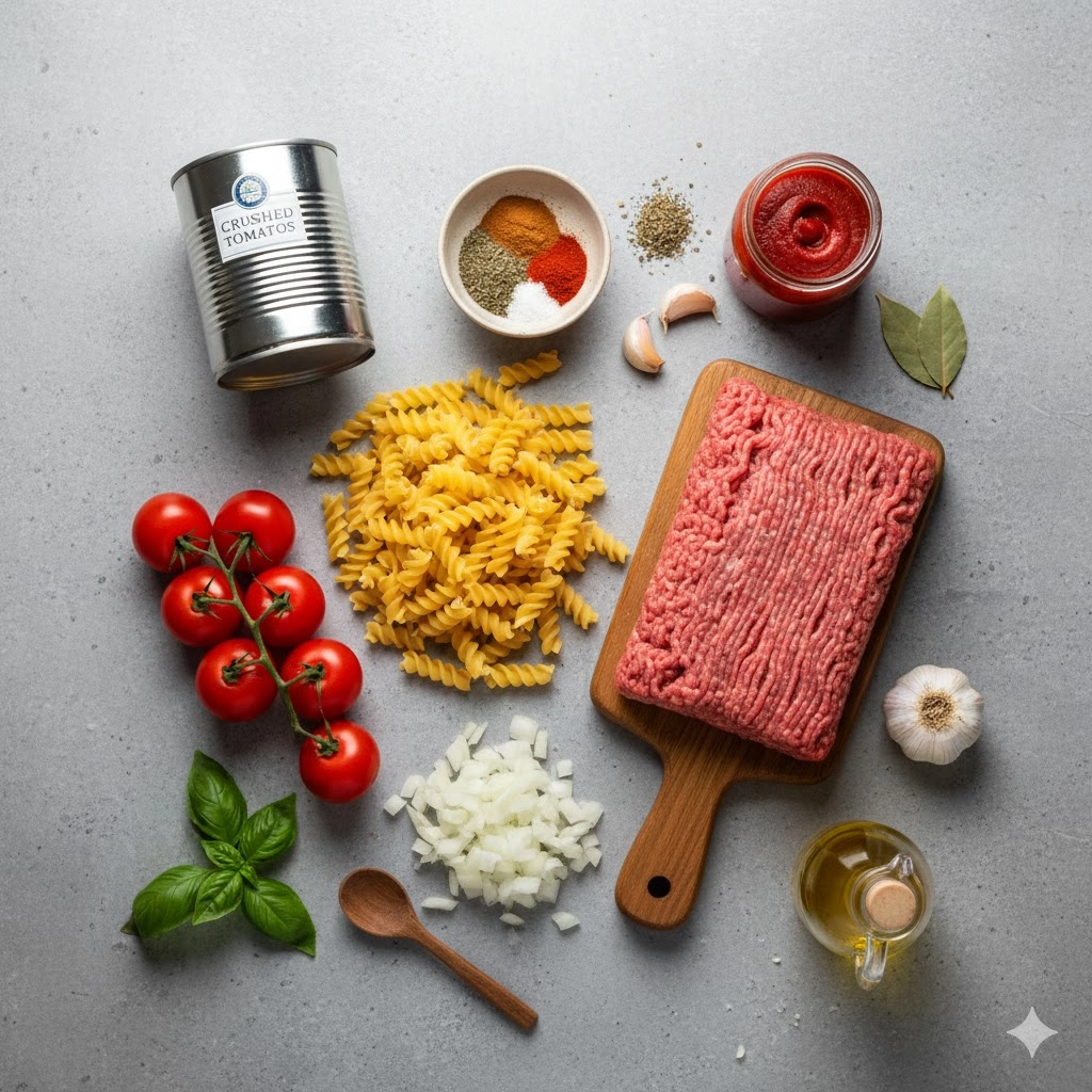All fresh and canned ingredients necessary for the One Pot Ground Beef Pasta Recipe laid out. All fresh and canned ingredients necessary for the One Pot Ground Beef Pasta Recipe laid out.