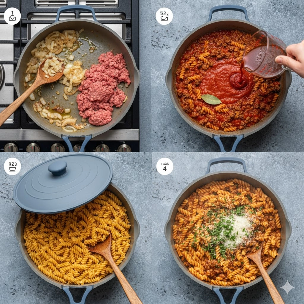 Simmering the pasta and sauce together in the pot for the One Pot Ground Beef Pasta Recipe. Simmering the pasta and sauce together in the pot for the One Pot Ground Beef Pasta Recipe.