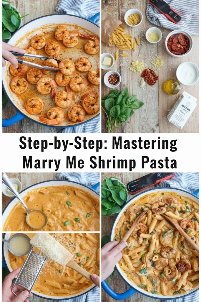 Chef searing shrimp in a wide skillet, illustrating the 'Pro Tip' step for the marry me shrimp pasta recipe. Chef searing shrimp in a wide skillet, illustrating the 'Pro Tip' step for the marry me shrimp pasta recipe.