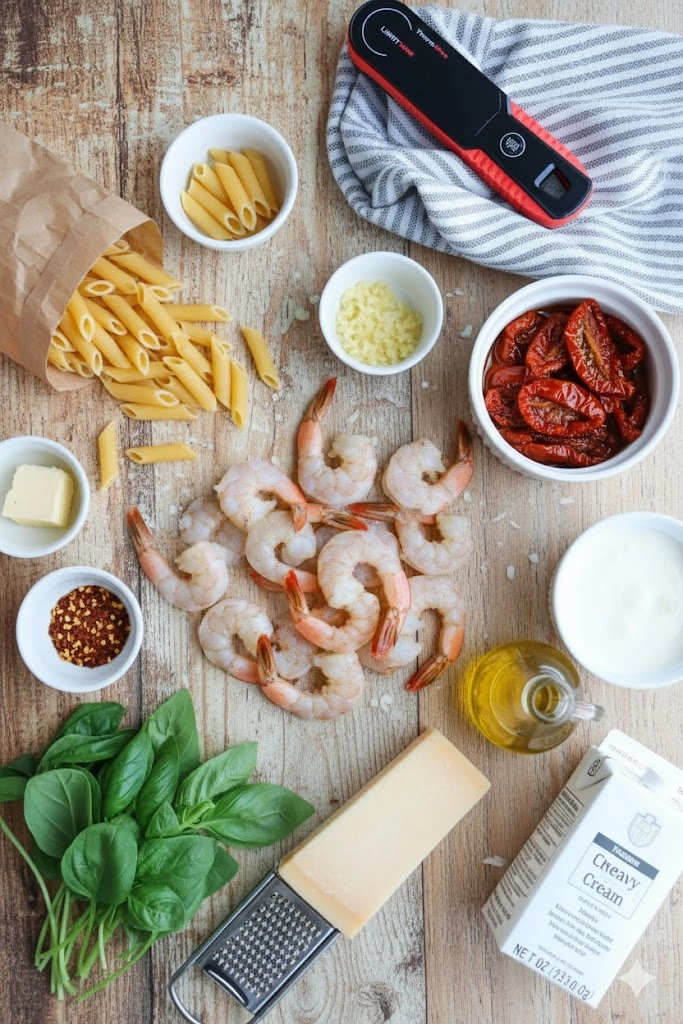 Layout of fresh ingredients, including shrimp, sun-dried tomatoes, basil, and cheese, needed for marry me shrimp pasta. Layout of fresh ingredients, including shrimp, sun-dried tomatoes, basil, and cheese, needed for marry me shrimp pasta.