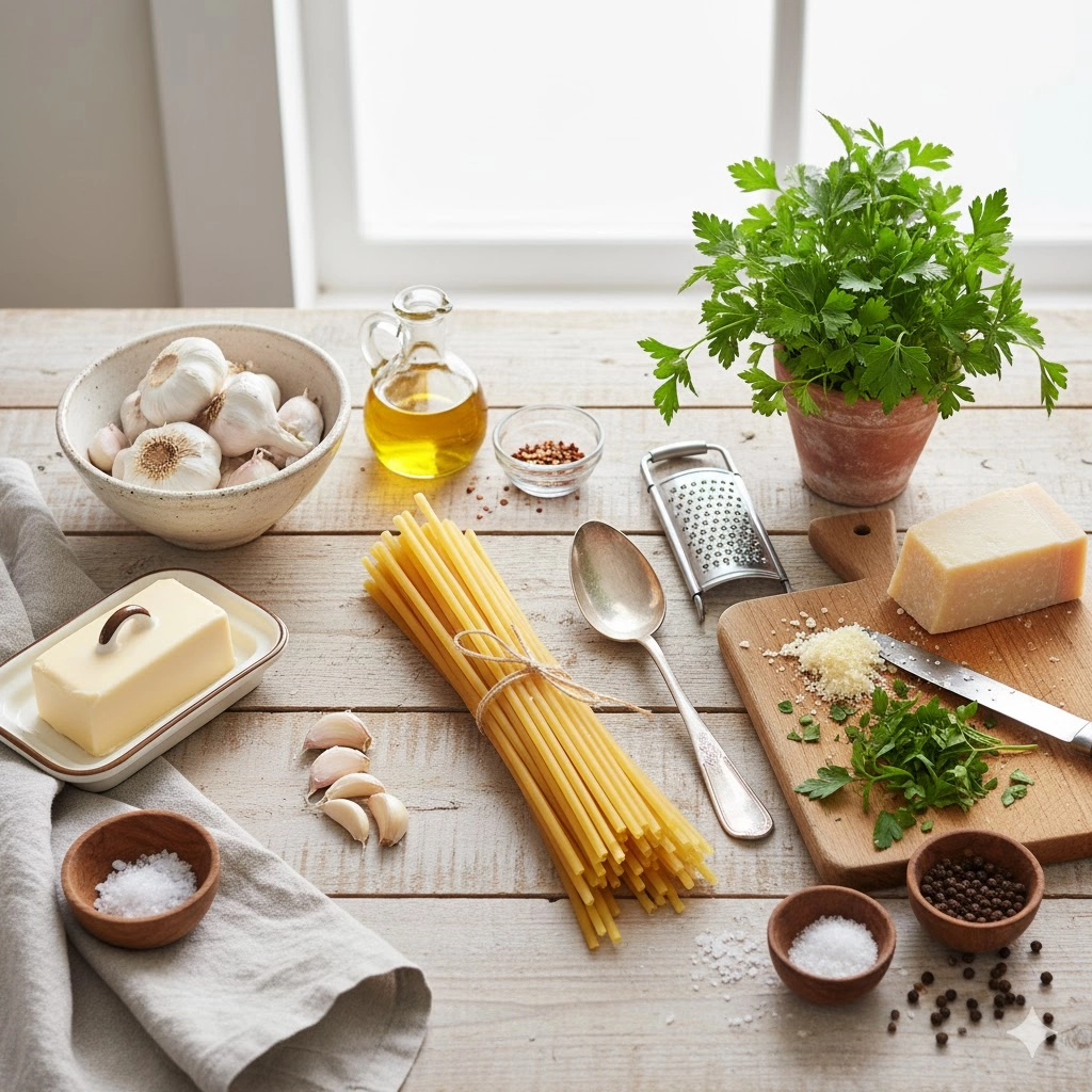 Key ingredients for the bucatini pasta recipe including fresh garlic, bucatini pasta, butter, olive oil, and Parmesan cheese. Key ingredients for the bucatini pasta recipe including fresh garlic, bucatini pasta, butter, olive oil, and Parmesan cheese.