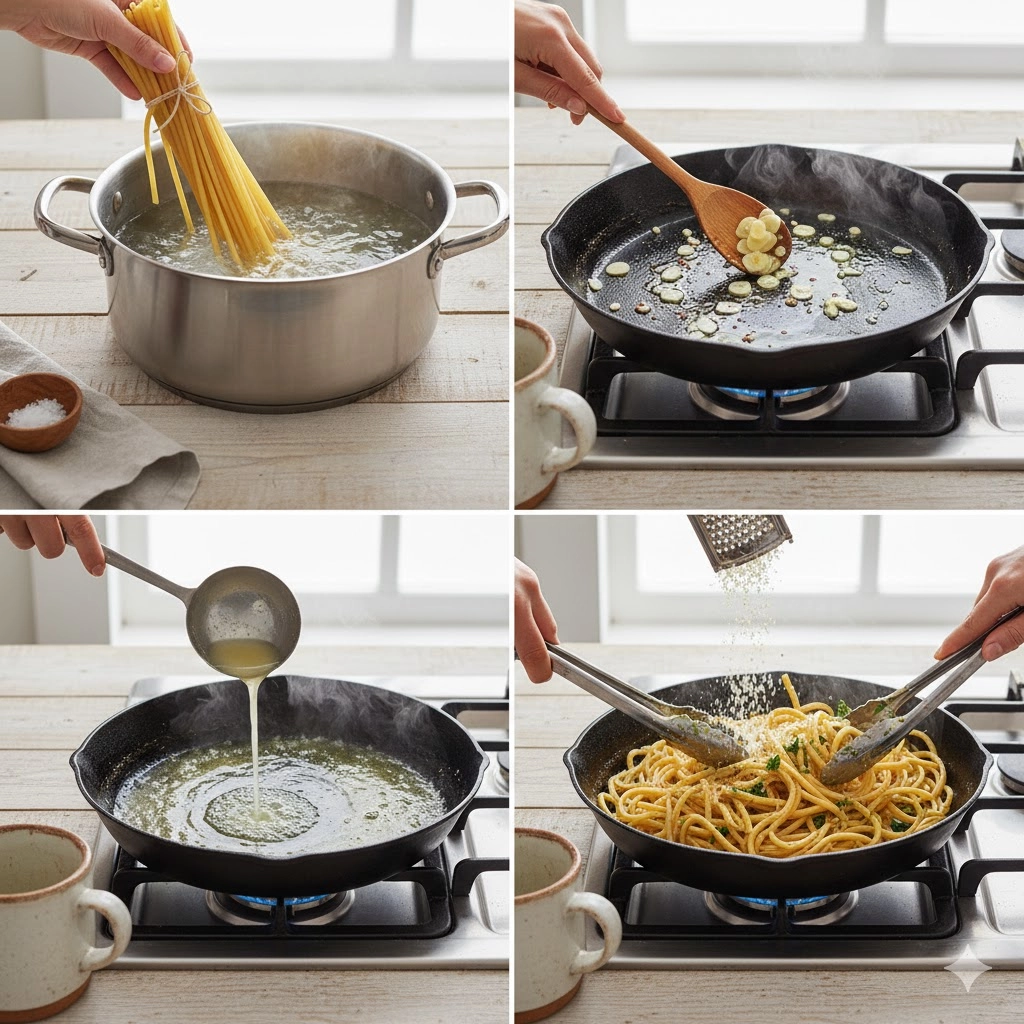 Chef adding starchy pasta water to a pan of butter and garlic to create the emulsion for the bucatini pasta recipe. Chef adding starchy pasta water to a pan of butter and garlic to create the emulsion for the bucatini pasta recipe.