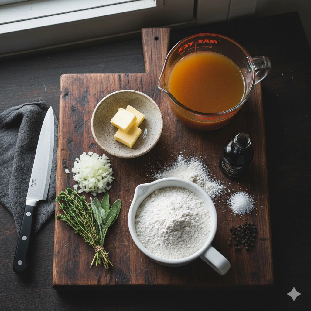 A ladle pouring rich, thick, homemade Turkey with Gravy Sauce over a pile of mashed potatoes.
