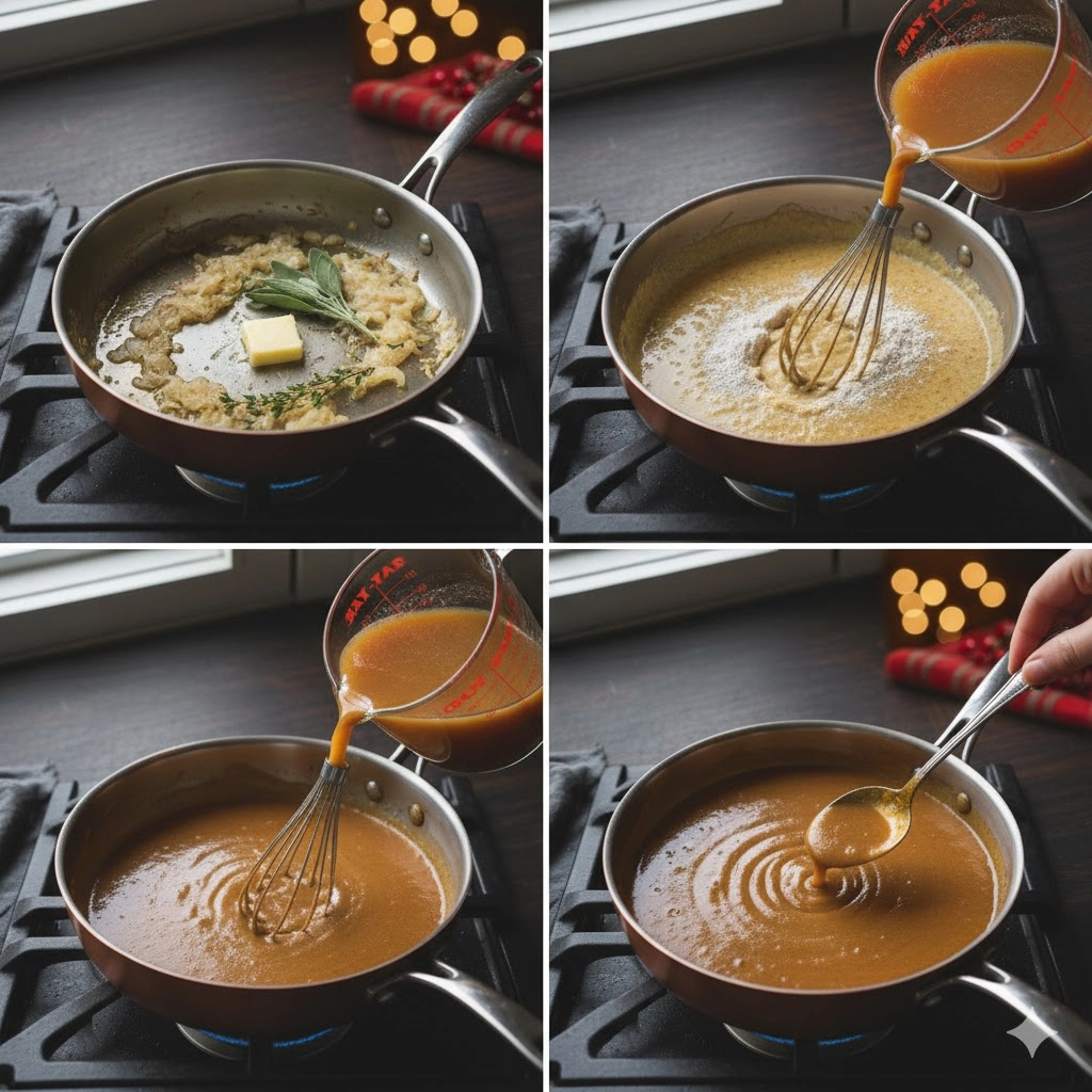 A hand whisking warm stock into a golden-brown roux in a saucepan to make the Turkey with Gravy Sauce