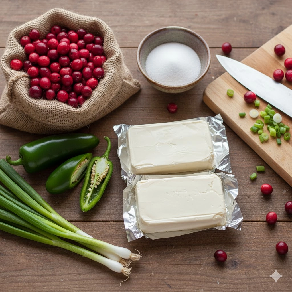 Raw ingredients: fresh cranberries, jalapeños, sugar, and cream cheese for the Cranberry Jalapeño Cream Cheese Dip.