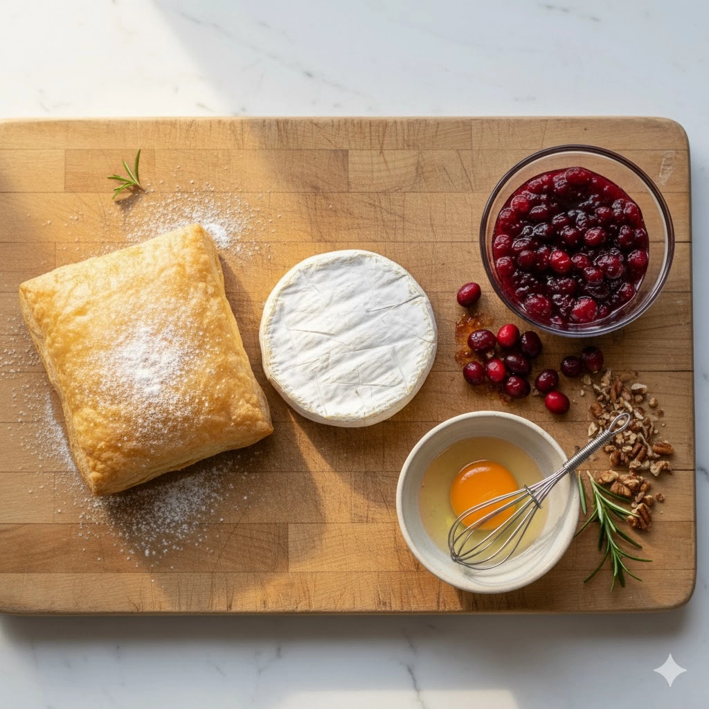 Ingredients laid out: puff pastry sheet, wheel of brie, cranberry sauce, and egg for Baked Cranberry Brie Bites.
