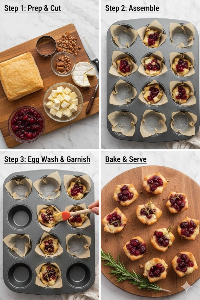 Assembled Cranberry Brie Bites in a muffin tin before baking, showing the cranberry sauce topping