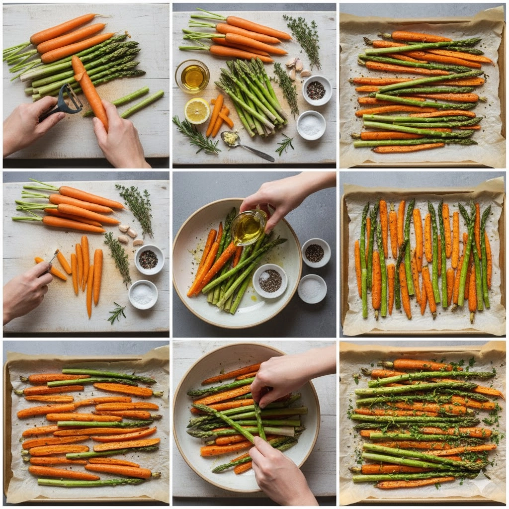 Roasted Asparagus and Carrots spreading evenly on a sheet pan before going into the oven.