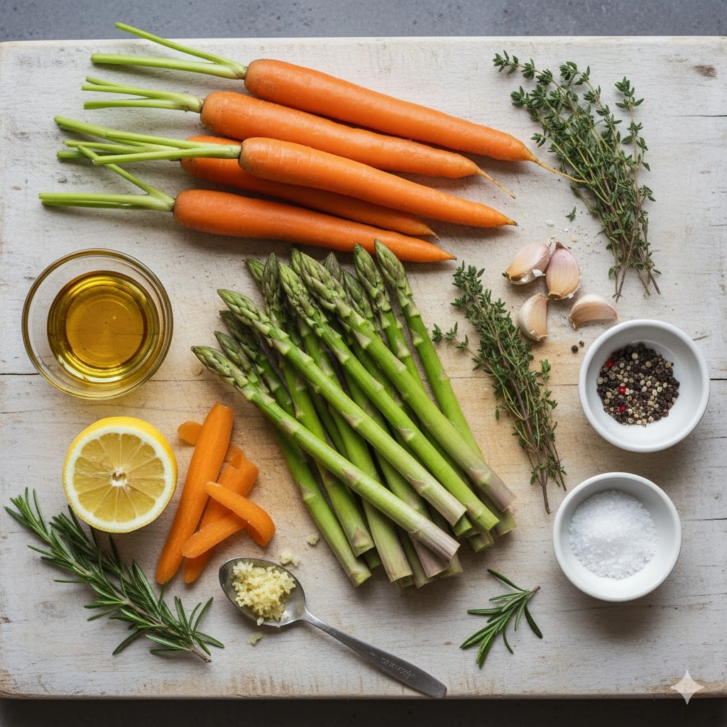 Essential ingredients including fresh asparagus, carrots, olive oil, and seasoning for Roasted Asparagus and Carrots.