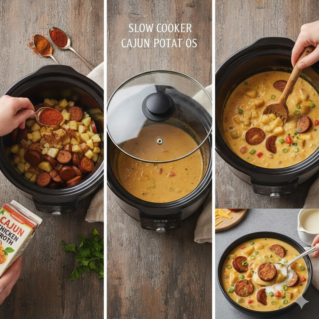 A close-up of the slow cooker interior with potatoes, broth, and seasoning simmering to make the Slow Cooker Cajun Potato Soup.