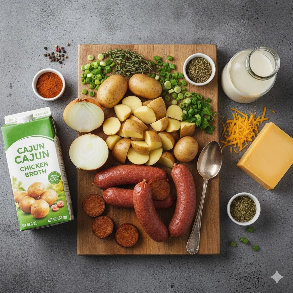Raw ingredients laid out, including diced potatoes, Cajun seasoning, broth, onion, and cream for the Slow Cooker Cajun Potato Soup