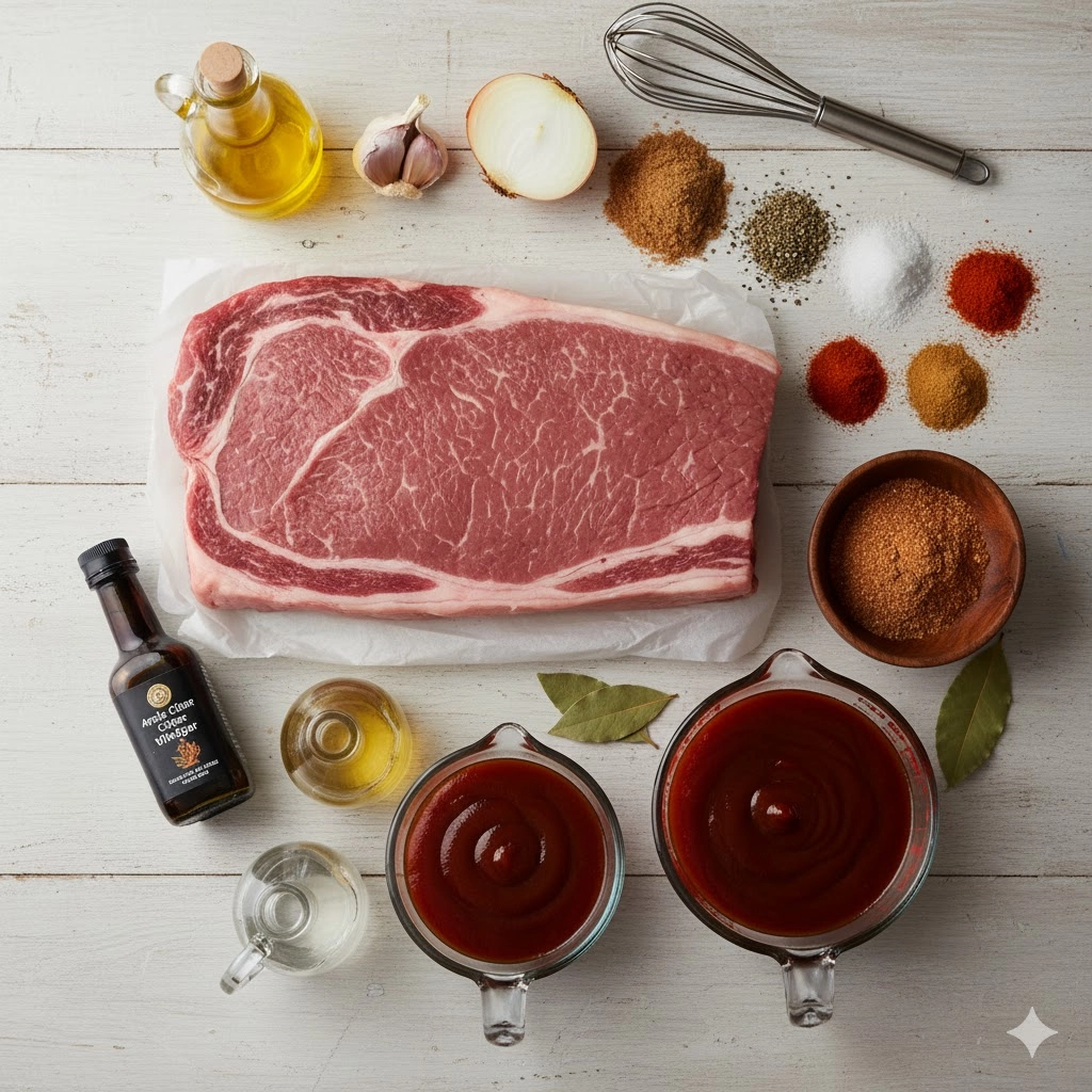 Key ingredients for the homemade Slow Cooked Beef Brisket recipe, including brisket flat and spice rub. Key ingredients for the homemade Slow Cooked Beef Brisket recipe, including brisket flat and spice rub.