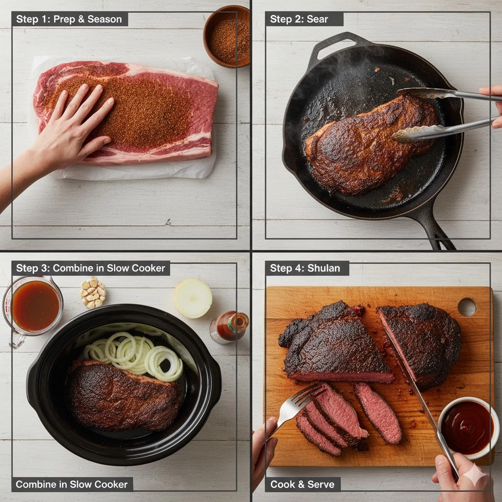 Seared beef brisket placed inside the slow cooker with onions and braising liquid before cooking. Seared beef brisket placed inside the slow cooker with onions and braising liquid before cooking.