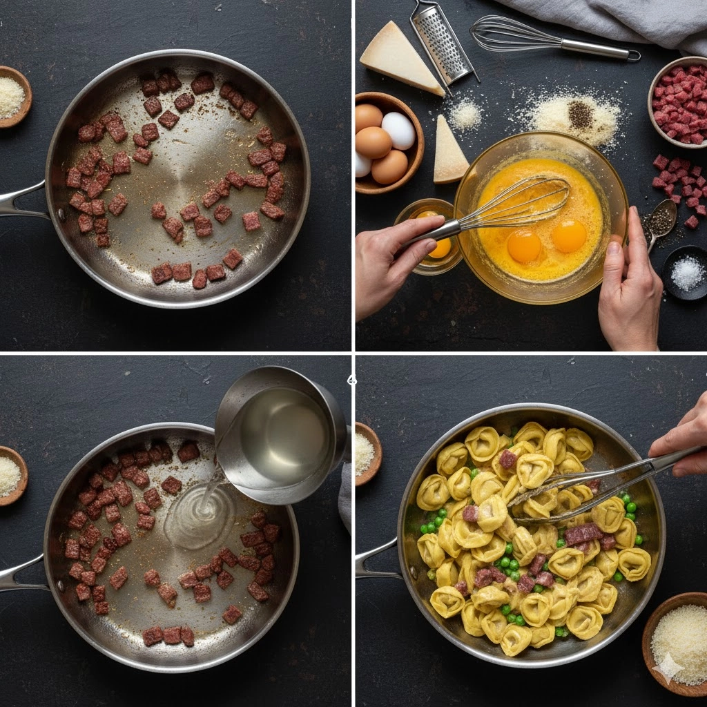 Tongs tossing the cooked tortellini in a skillet as the egg and cheese mixture emulsifies to create creamy Tortellini Carbonara.