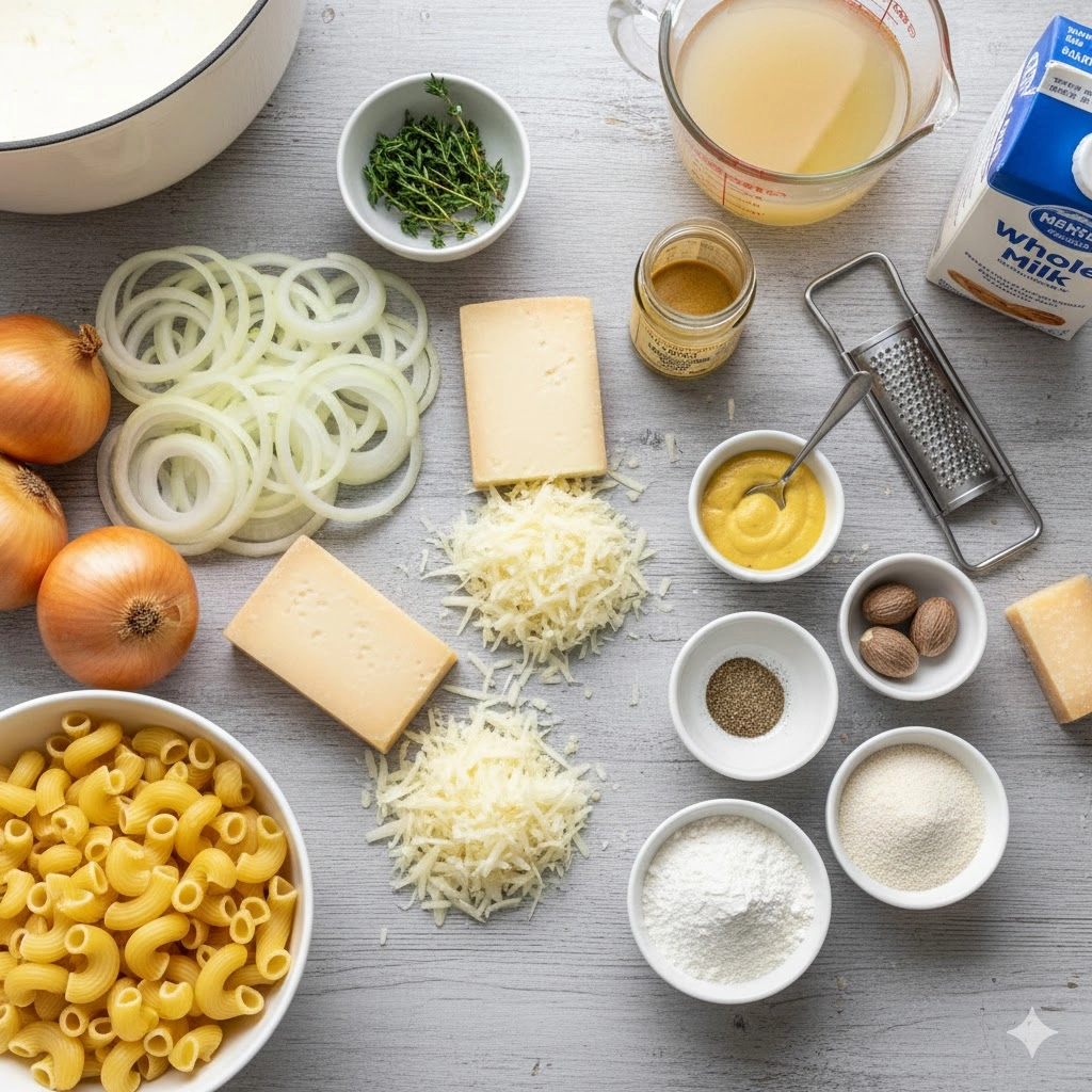 Fresh ingredients laid out, including sliced onions, blocks of Gruyère and Cheddar, and dry pasta for French Onion Mac and Cheese.