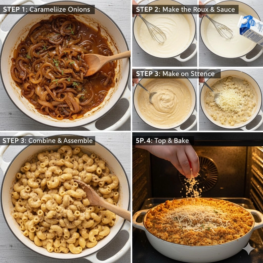 A pot of deep, mahogany caramelized onions, the key flavor base for the rich French Onion Mac and Cheese.