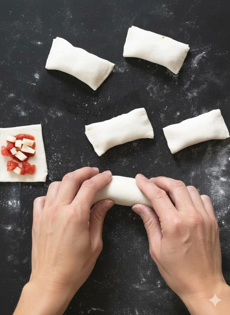 Gluten-Free Pizza Rolls being filled and sealed before baking Gluten-Free Pizza Rolls on baking tray, crispy and golden
