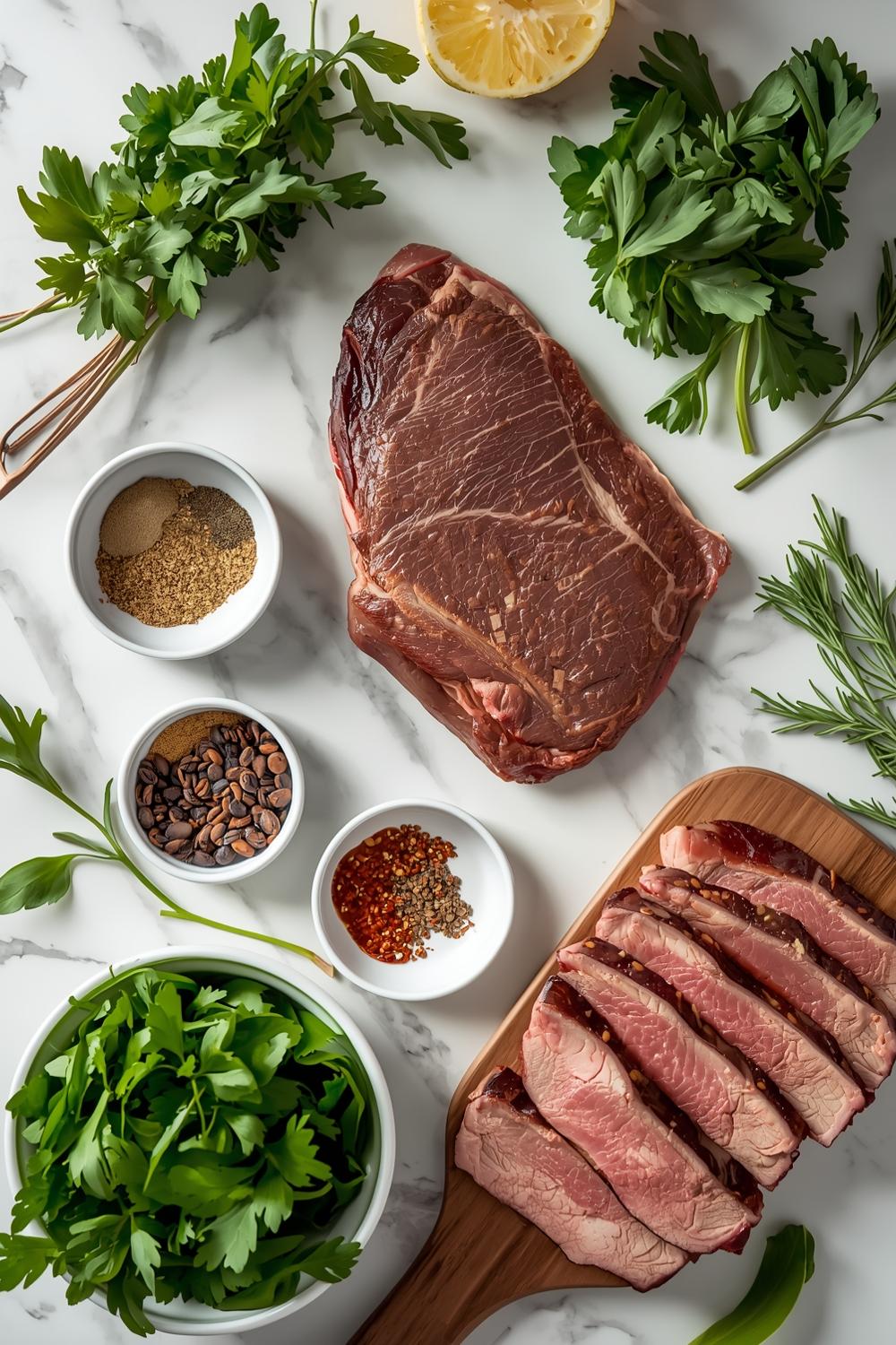 Cajun spice rub ingredients arranged around cubed sirloin tips