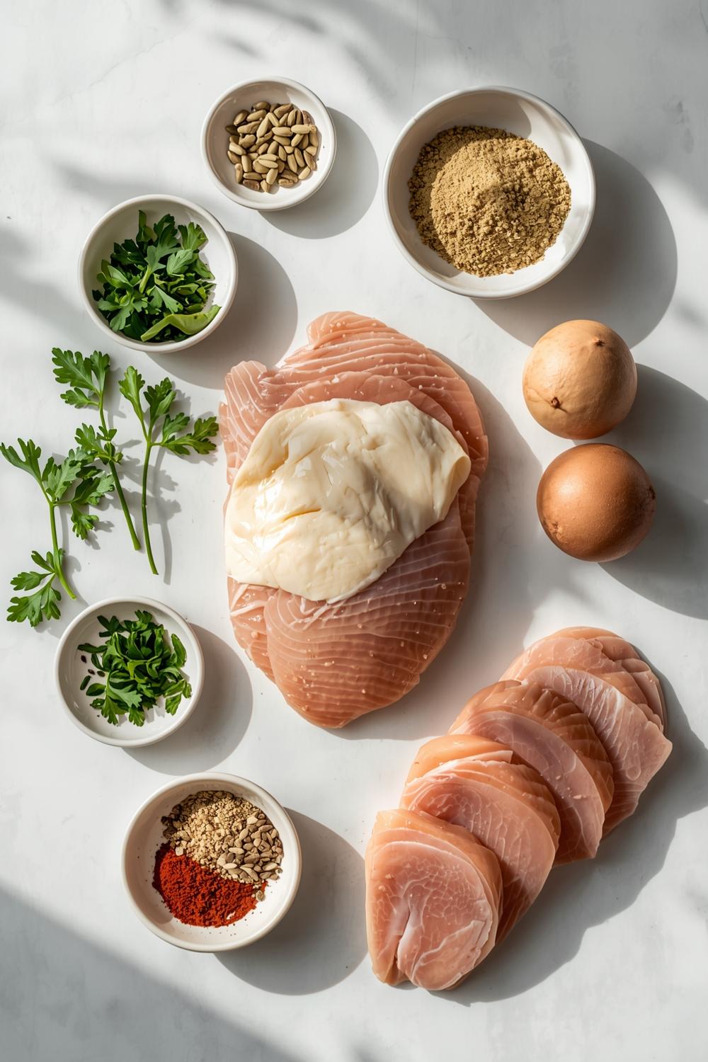 Keto Chicken Cordon Bleu ingredients arranged meticulously on marble surface