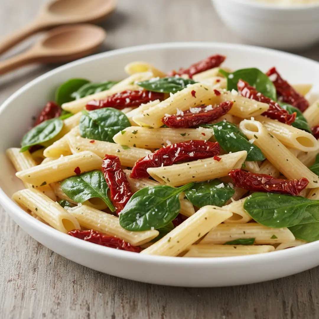 sun-dried tomato spinach pasta recipe, penne pasta with sun-dried tomatoes and spinach, creamy sun-dried tomato spinach penne