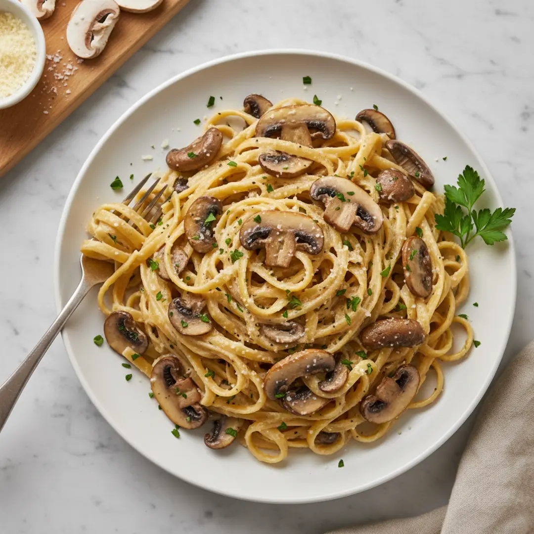 garlic mushroom fettuccine alfredo recipe, creamy fettuccine with mushrooms vegetarian, homemade garlic mushroom fettuccine sauce