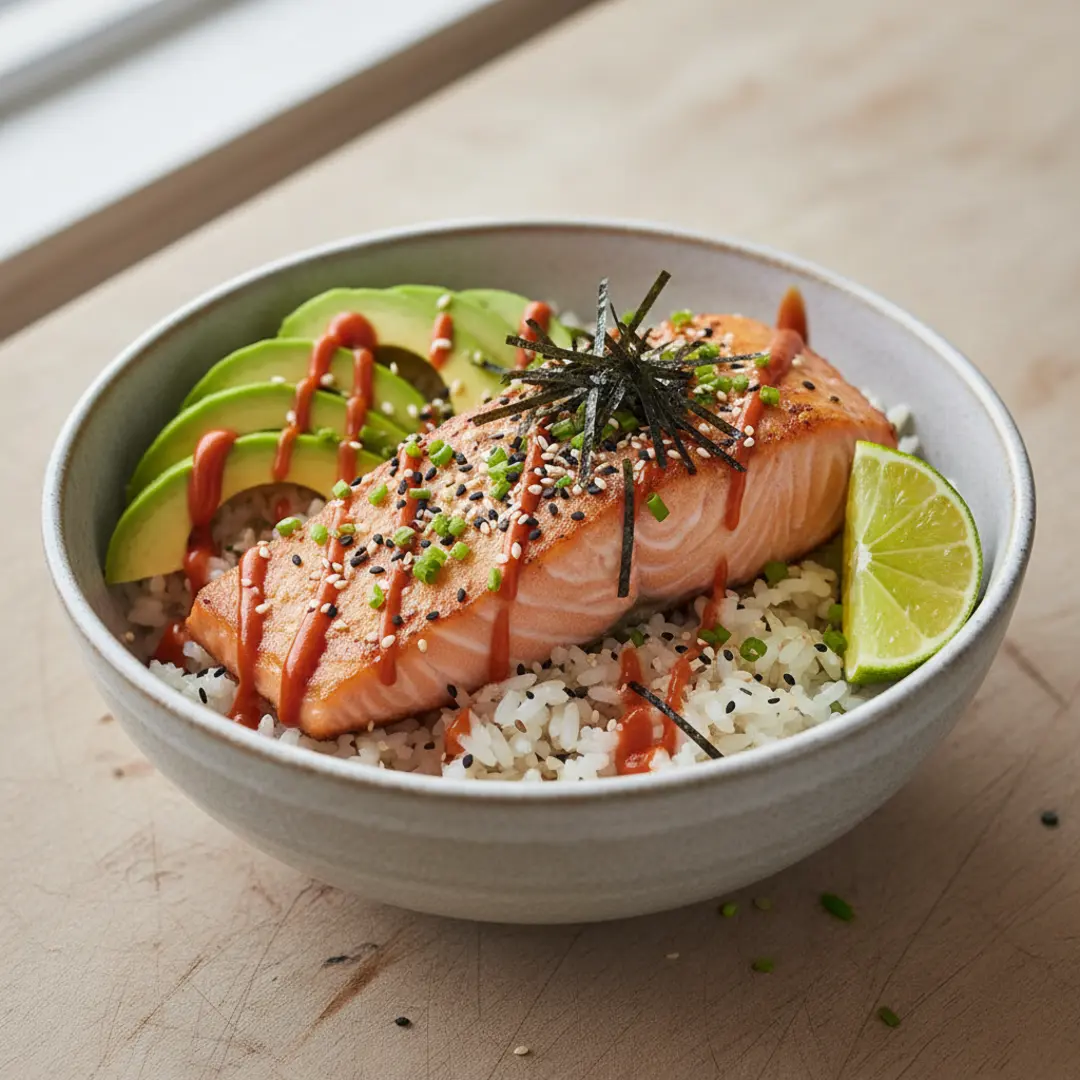 salmon rice bowl with avocado, healthy salmon rice bowl recipe, teriyaki salmon rice bowl takeout