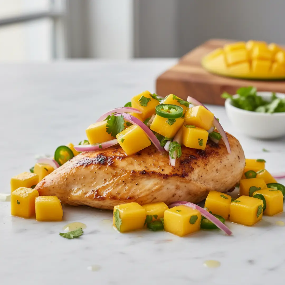 grilled chicken with mango salsa recipe, easy mango salsa chicken sheet pan, healthy mango salsa chicken meal prep