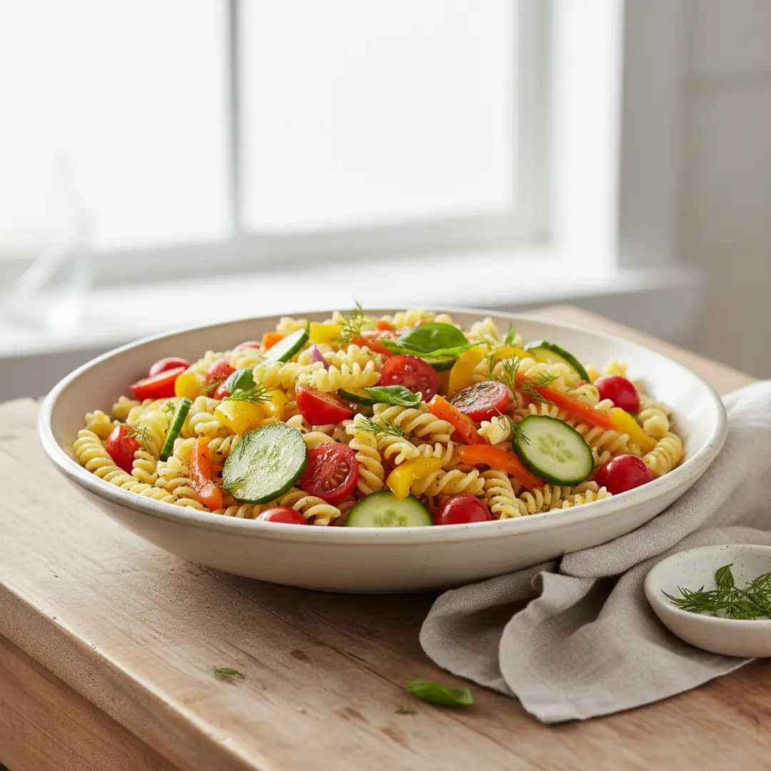 pasta salad recipe with vegetables, mediterranean pasta salad with feta, easy cold pasta salad for potluck