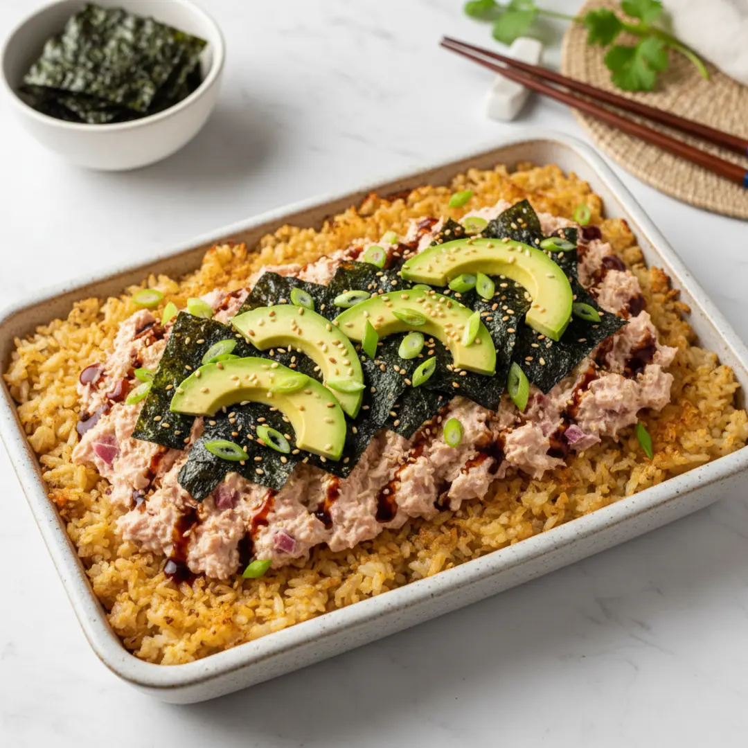 spicy tuna sushi bake recipe, creamy tuna sushi bake calories, homemade tuna sushi bake casserole