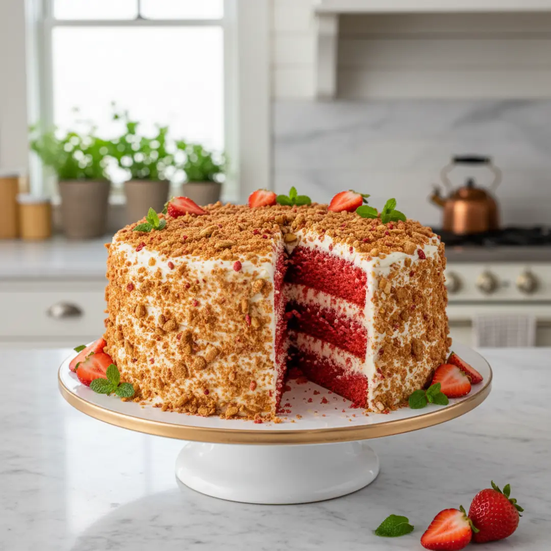 strawberry crunch cake recipe from scratch, strawberry shortcake crunch bars, strawberry crunch cake with golden oreos