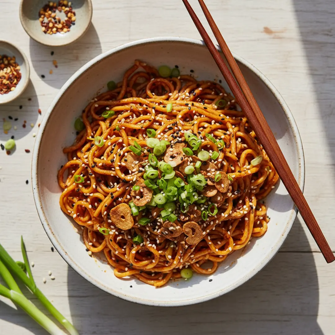 spicy chili oil noodle recipe, dan dan noodles with chili oil, homemade chili oil noodles vegan