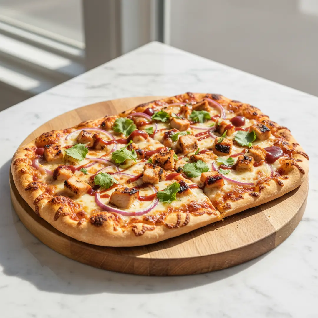 grilled chicken flatbread recipe, bbq chicken pizza with cilantro, homemade bbq chicken flatbread