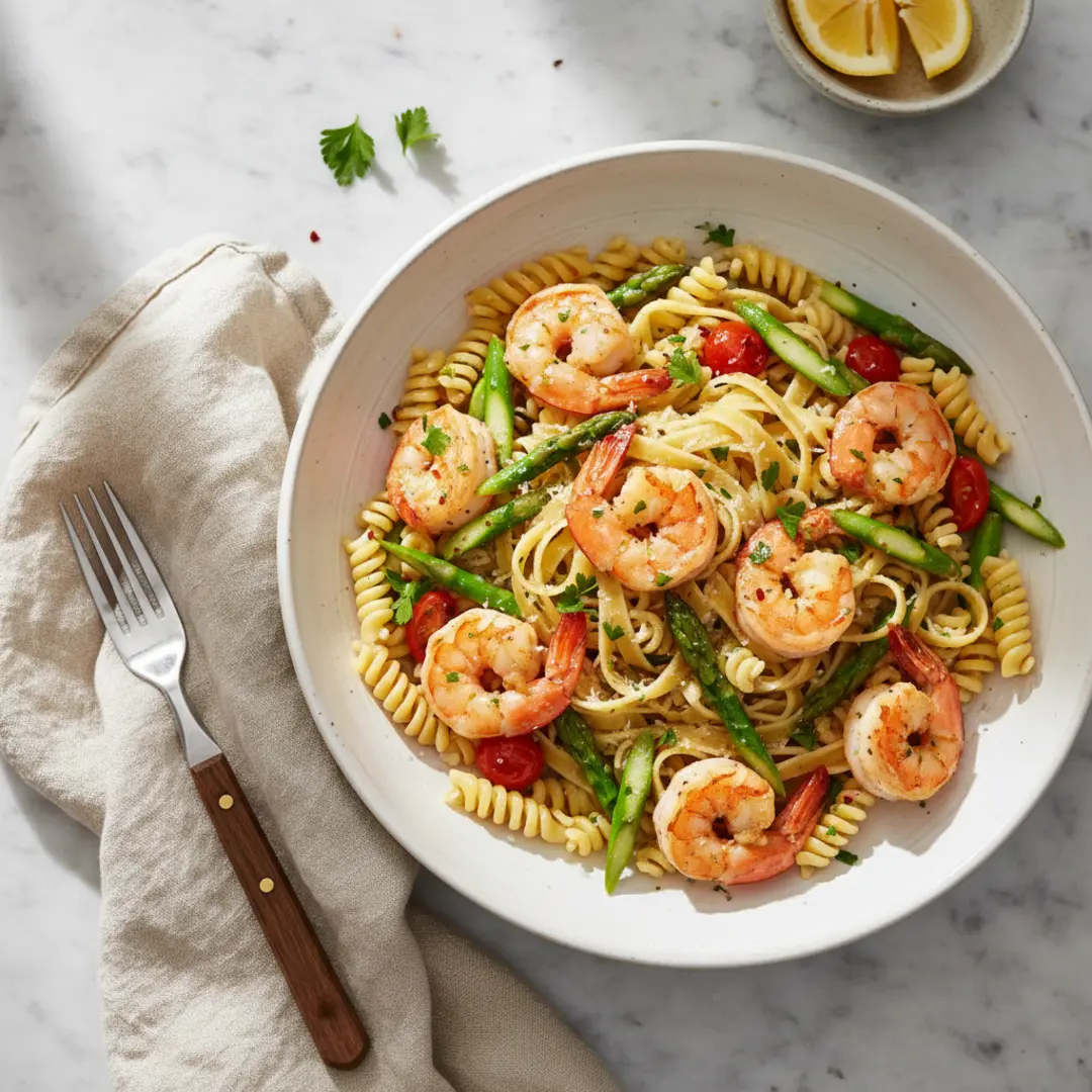 creamy shrimp asparagus pasta recipe, lemon garlic shrimp asparagus pasta, shrimp asparagus pasta with parmesan cheese
